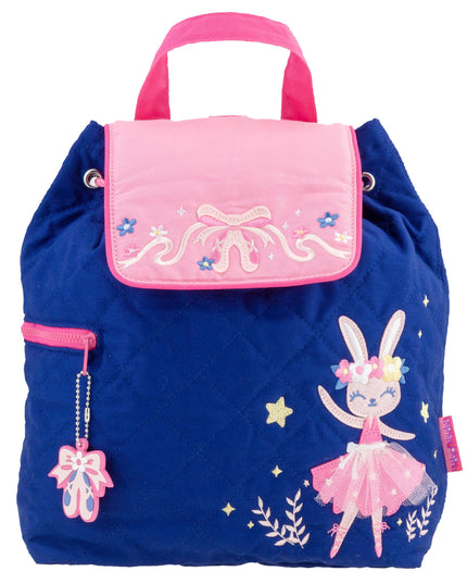 Children's backpack with pink top section and rabbit design on a blue base.