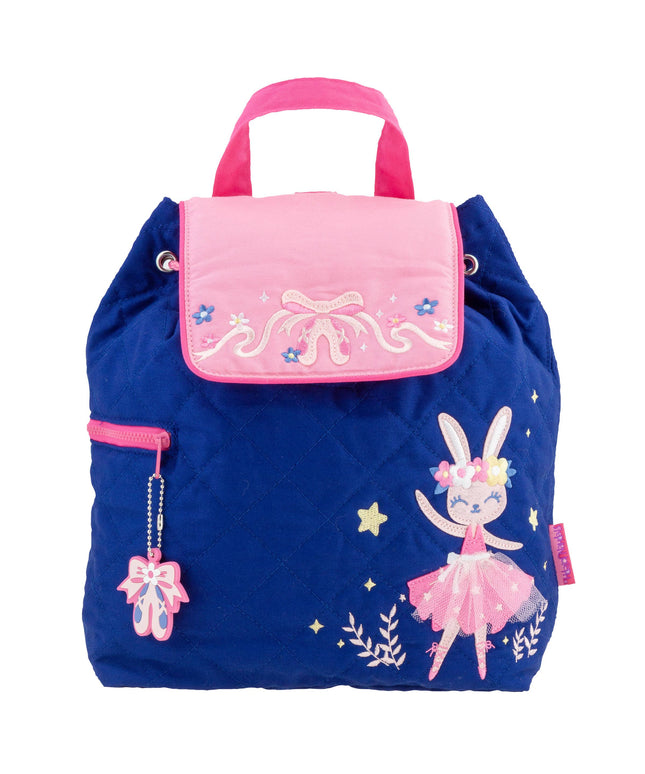 Children's backpack with pink top section and rabbit design on a blue base.
