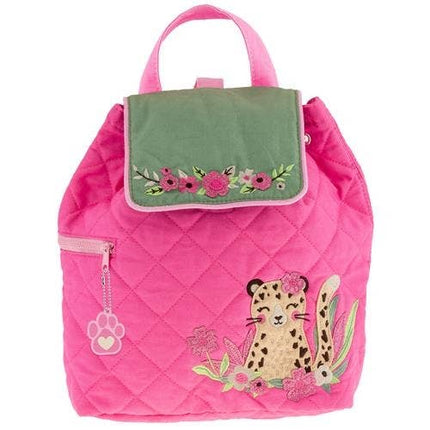 Pink backpack with leopard and floral design on a white background