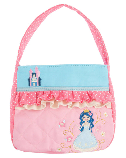 Pink children's purse with princess design on a white background
