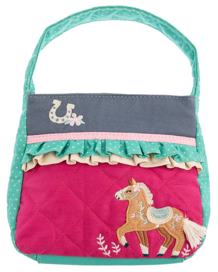 Children's bag with horse design and teal handle on a white background