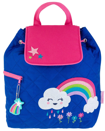 Blue backpack with pink top section, rainbow, cloud, and star design on a white background