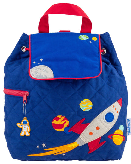 Blue backpack with space-themed design on a white background