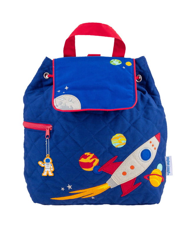 Blue backpack with space-themed design on a white background