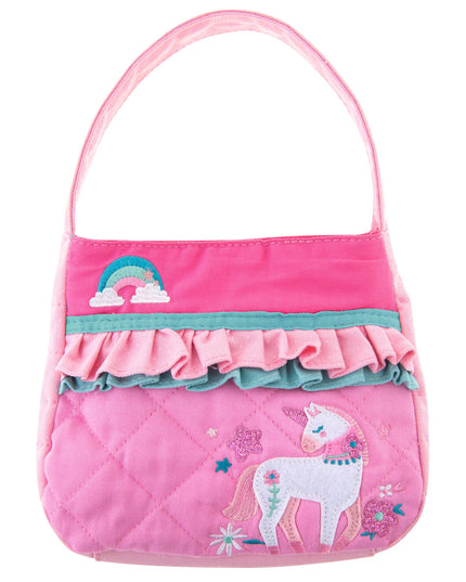 Pink children's bag with unicorn and rainbow design on a white background