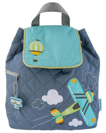 Children's backpack with airplane and hot air balloon designs on a white background