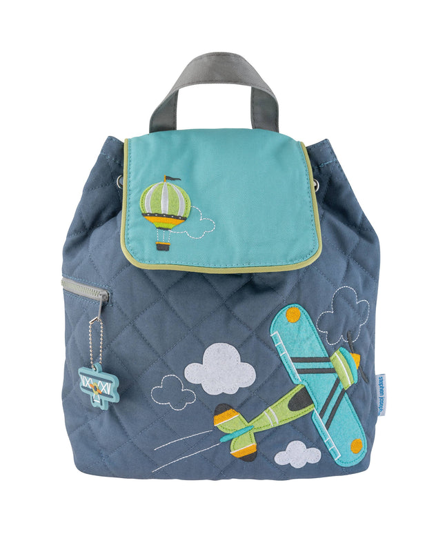 Children's backpack with airplane and hot air balloon designs on a white background