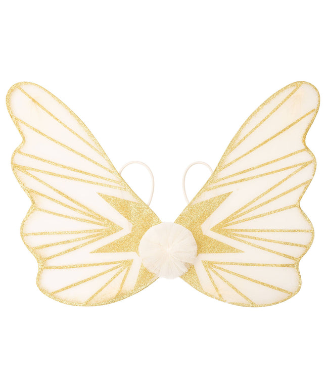 Butterfly wings with gold and white design on a white background