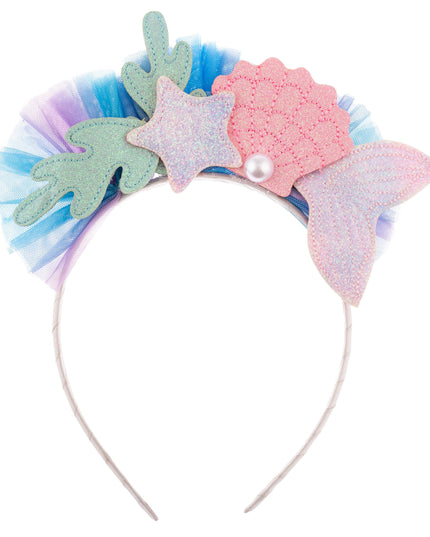 Colorful headband with starfish, shell, and coral decorations on a white background