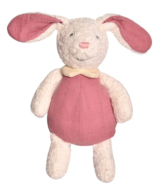 Stuffed bunny toy with pink dress on a white background