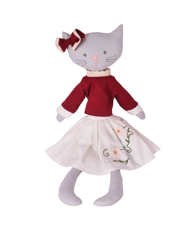 Cat-shaped doll with a red sweater and white skirt on a white background
